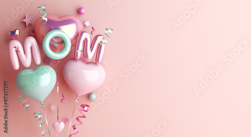 Happy mothers day decoration background with balloon, mom text, copy space text, 3D rendering illustration