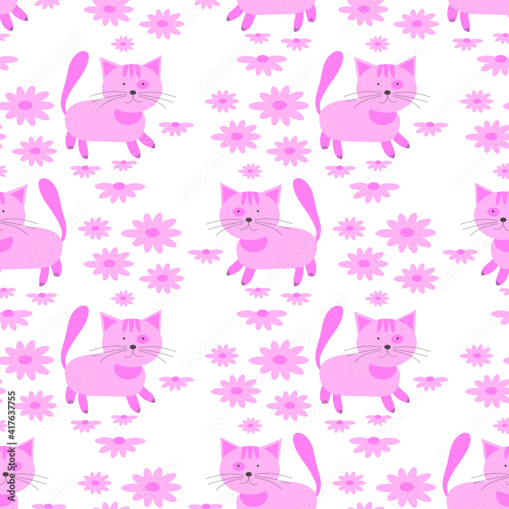 Cute Vector seamless pattern with daisy flowers and cute kittens. Design for fashion, fabric and all prints for children. Childish pattern for newborns.