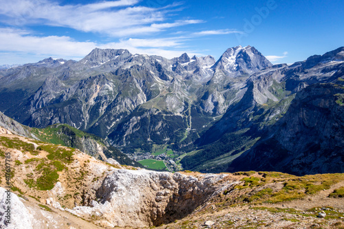 Mountain glaciers landscape view from the Petit Mont Blanc in Pralognan la Vanoise, French alps