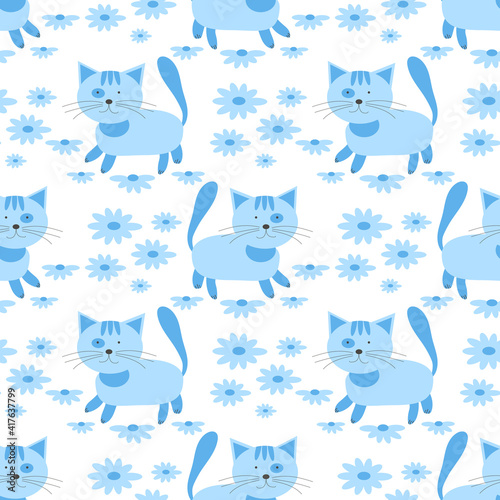 Cute Vector seamless pattern with daisy flowers and cute kittens. Design for fashion  fabric and all prints for children. Childish pattern for newborns.