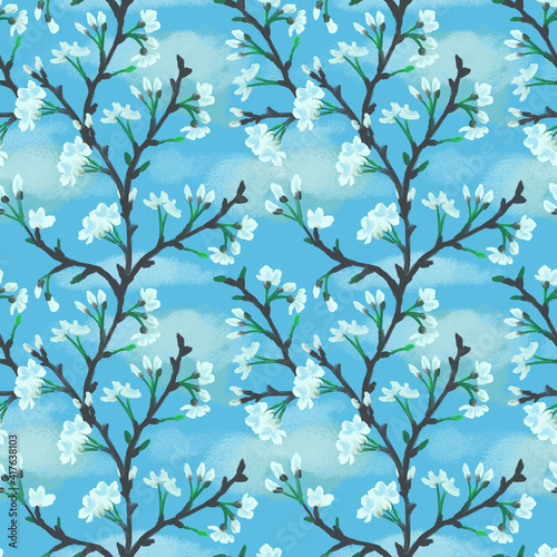 Wallpaper Mural Textured seamless pattern with cherry blossoms on a blue background for paper and textile Torontodigital.ca
