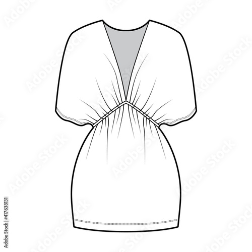 Kaftan dress technical fashion illustration with deep V-neck, batwing sleeves, oversized, mini length, pencil cut. Flat apparel template front, white color style. Women, men unisex CAD mockup