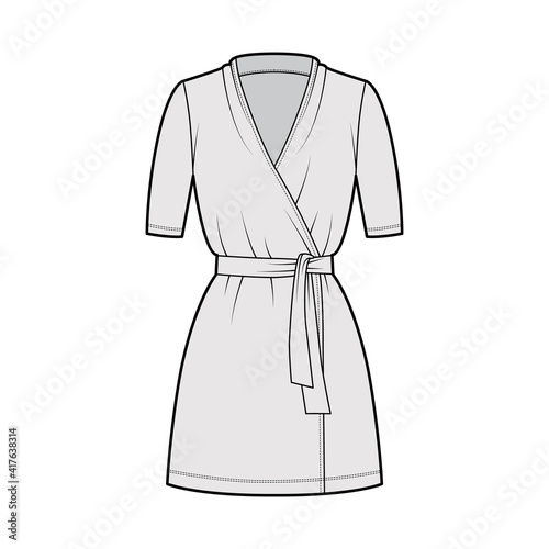 Wrap dress technical fashion illustration with deep V-neck, short sleeves, oversized, mini length, pencil cut, tie. Flat apparel template front, grey color style. Women, men unisex CAD mockup