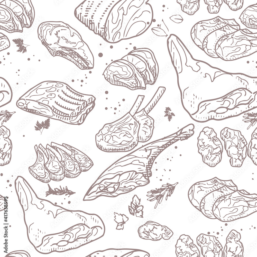 Seamless pattern of meat products. Beef, pork, lamb. Vector illustration in the sketch style.