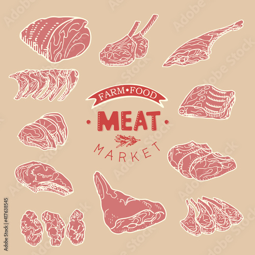 A set of raw meat. Beef, pork, lamb. Vector illustration in the style of a sketch. A booklet, banner, or flyer of a butcher shop or store.