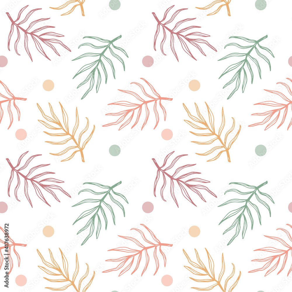 Fototapeta premium Vector pattern with leaves and circles. Seamless botanical illustration for printing on textiles and paper