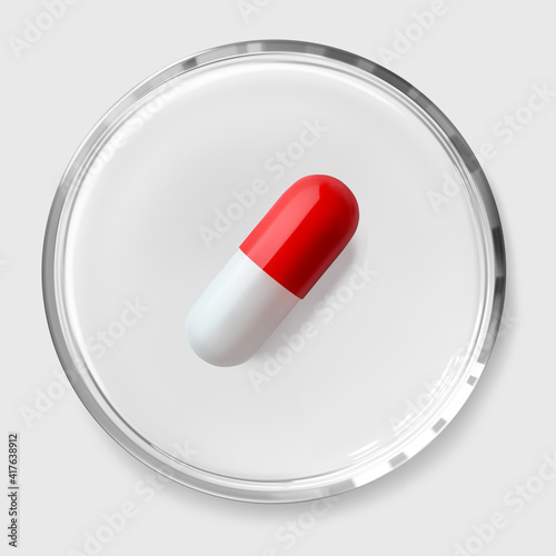 Red white pill in glass transparent petri dish isolated 3d realistic vector illustration. Science and pharmaceutical laboratory concept. Nutrients, probiotics, painkiller, antibiotic