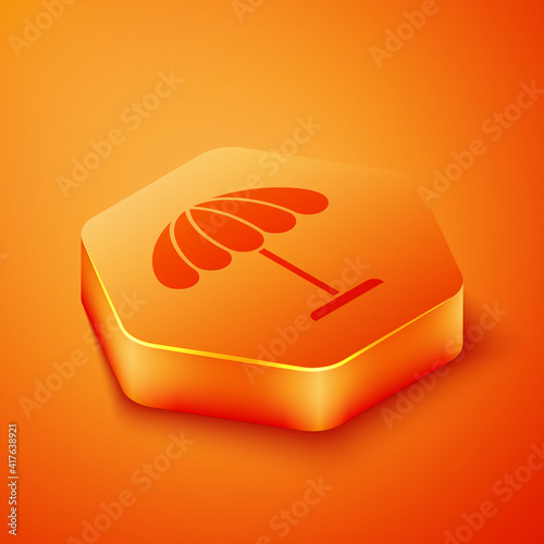 Isometric Sun protective umbrella for beach icon isolated on orange background. Large parasol for outdoor space. Beach umbrella. Orange hexagon button. Vector Illustration.