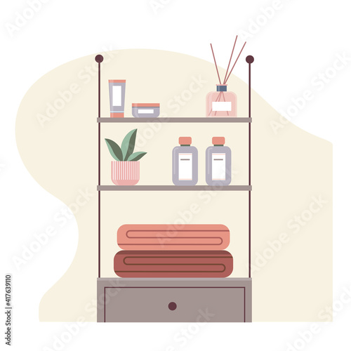 Vector bathroom furniture with accessories. A rack with cosmetics, home plant, aroma diffuser and towels. 