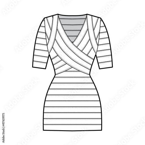 Bandage dress technical fashion illustration with V-neck, short sleeves, fitted body, elasticated, mini length, pencil cut. Flat apparel template front, white color style. Women, men unisex CAD mockup