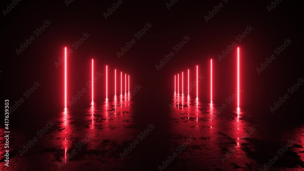 Futuristic sci fi bacgkround. Red neon lights glowing in a room with concrete floor with reflections of empty space. Alien, Spaceship, Future, Arch. Progress. 3D animation of seamless loop.