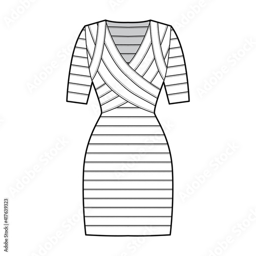 Bandage dress technical fashion illustration with V-neck, short sleeves, fitted body, elasticated, knee length, pencil cut. Flat apparel template front, white color style. Women, men unisex CAD mockup