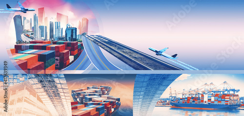 Industrial container cargo freight ship for import or export in port. Abstract design background, trucks and transport. Highway and delivering. Logistics concept