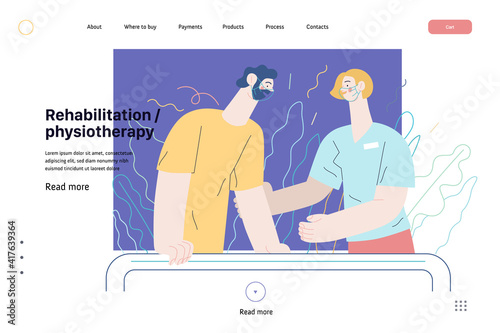 Medical insurance web page template- rehabilitation and physiotherapy -modern flat vector illustration -physiotherapist helps patient walking using training parallel bars, medical office, laboratory