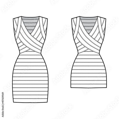 Set of Bandage dresses technical fashion illustration with V-neck, sleeveless, fitted body, elasticated, knee mini length, pencil cut. Flat front, back, white color style. Women, men unisex CAD mockup