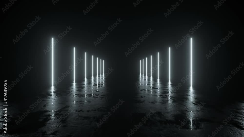 Futuristic sci fi bacgkround. White neon lights glowing in a room with concrete floor with reflections of empty space. Alien, Spaceship, Future, Arch. Progress. 3D animation of seamless loop.