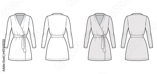 Wrap dress technical fashion illustration with deep V-neck  long sleeves  oversized  mini length  pencil cut  tie. Flat apparel template front  back  white  grey color style. Women  men CAD mockup