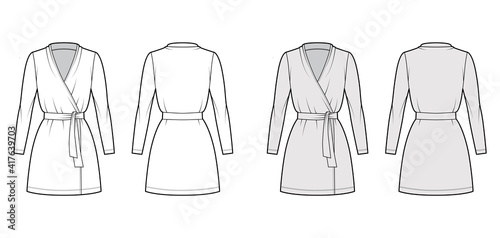 Wrap dress technical fashion illustration with deep V-neck, long sleeves, oversized, mini length, pencil cut, tie. Flat apparel template front, back, white, grey color style. Women, men CAD mockup