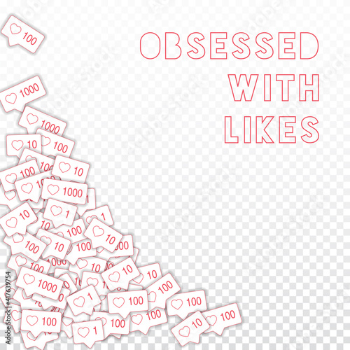 Social media icons. Obsessed with likes concept. Falling pink like counter. Uncommon bottom left cor