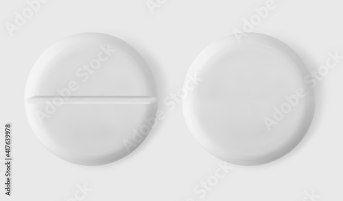 White round tablet pill front and back side isolated 3d realistic vector illustration. Pharmaceutical concept. Nutrients, probiotics, painkiller, antibiotic