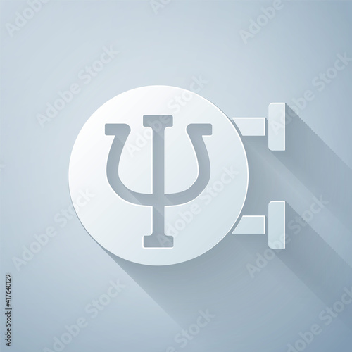 Paper cut Psychology icon isolated on grey background. Psi symbol. Mental health concept, psychoanalysis analysis and psychotherapy. Paper art style. Vector.