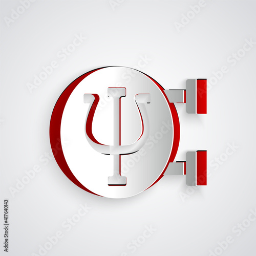 Paper cut Psychology icon isolated on grey background. Psi symbol. Mental health concept, psychoanalysis analysis and psychotherapy. Paper art style. Vector.