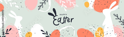 Happy Easter banner. Trendy Easter design with typography, hand painted strokes and dots, eggs and bunny in pastel colors. Modern minimal style. Horizontal poster, greeting card, header for website