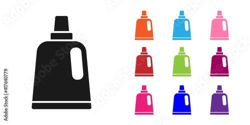 Black Plastic bottle for laundry detergent, bleach, dishwashing liquid or another cleaning agent icon isolated on white background. Set icons colorful. Vector.