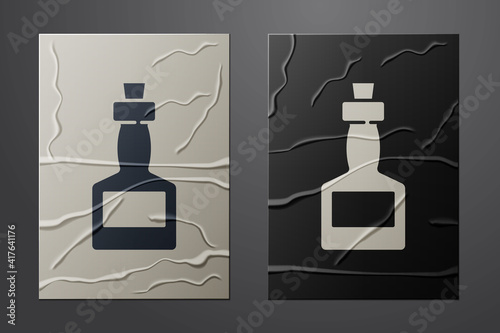 White Tabasco sauce icon isolated on crumpled paper background. Chili cayenne spicy pepper sauce. Paper art style. Vector.