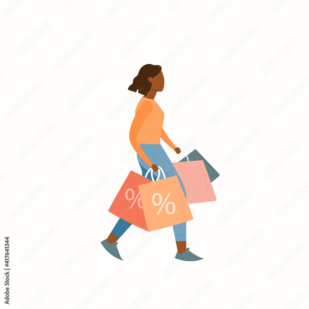 African american woman with shopping bags isolated on white background. Seasonal sale, discount, black friday concept.Vector illustration cartoon flat style.