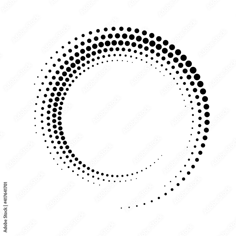 Circular dot frame. Circle border with effect halftone. Modern faded ring. Semitone shape round. Point sphere boarder. Dotted geometric pattern. Graphic small dots element for design prints. Vector