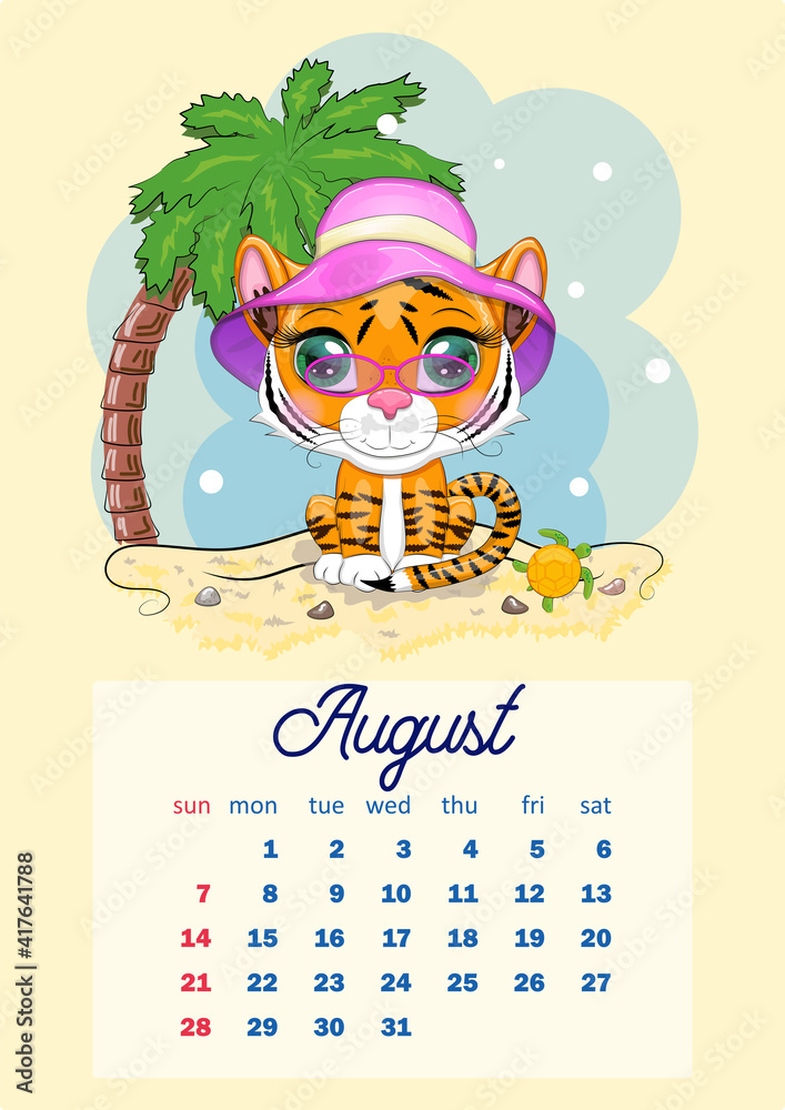 Cute Tiger Wall Calendar Template for 2022 Year of the Tiger Chinese