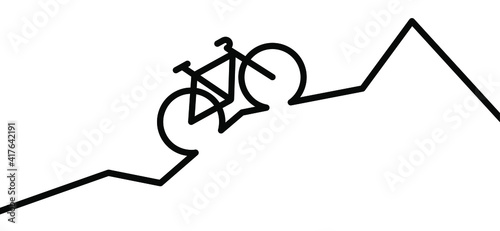 Mountain biker to the top of the mountains. Cartoon cycling icon. Flat vector bike signs. Sports symbol. World Bicycle day or health day race tour. Climbing. Frans