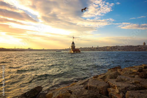 Maiden s Tower at sunset with cloudy sky. Kiz Kulesi in Istanbul. cityscape of Istanbul at sunset. Istanbul background photo. Travel to Istanbul. 