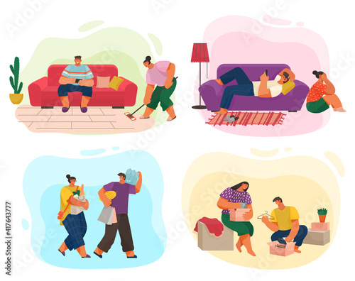 Life of a young couple, set of scenes from everyday household chores, shopping at the store, cleaning the house and rest. People activity, daily routine vector illustration on a white background