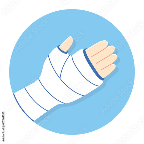 Broken arm, bone fracture, orthopedic plaster cast, trauma rehabilitation flat vector icon.