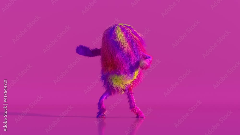 Cheerful colorful hairy cartoon dancing character, furry animal, having fun, furry mascot animation. Modern minimalist design.
