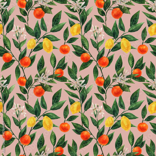 Watercolor pattern with tangerines and lemons