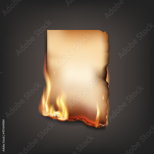 Burning paper, with fire flames, crumpled paper blank.