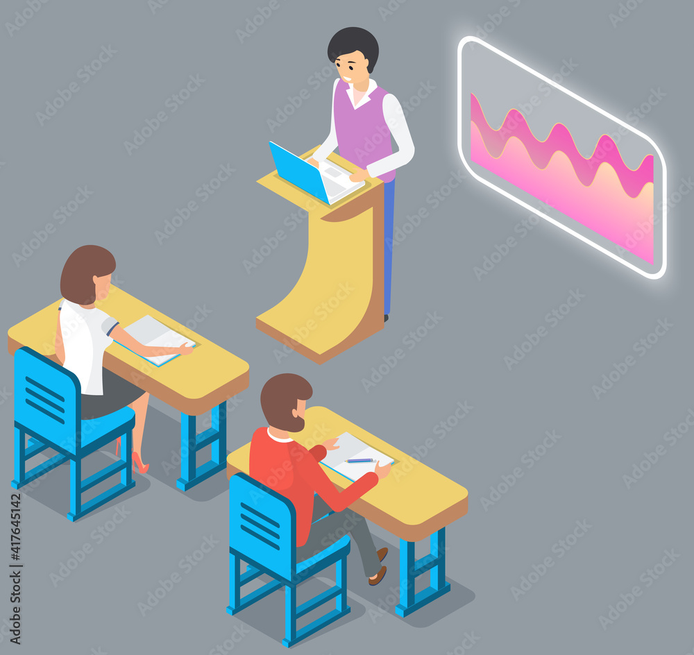 University lecture with professor and students, seminar. Man teacher is using interactive whiteboard with charts teaching statistical analysis. Business trainer explaining change in growth rates University lecture with professor and students, seminar. Man teacher is using interactive whiteboard with charts teaching statistical analysis. Business trainer explaining change in growth rates