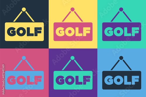 Pop art Golf label icon isolated on color background. Vector.