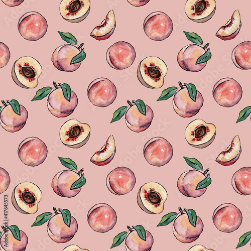 Color watercolor seamless peach pattern on pink background.