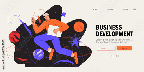 Businessman running on arrow through obstacles to his goal. Business developement, career success or growth and opportunity, startup concept banner, landing web page. Creative trendy character.
