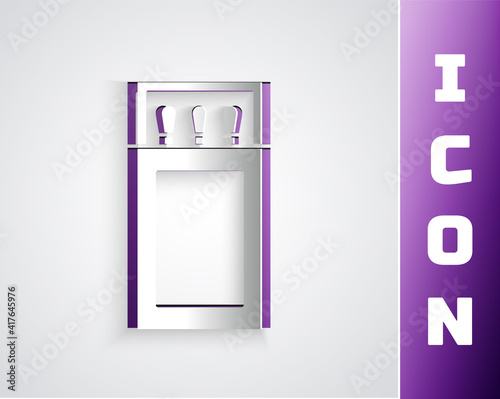 Paper cut Open matchbox and matches icon isolated on black on purple background. Paper art style. Vector.