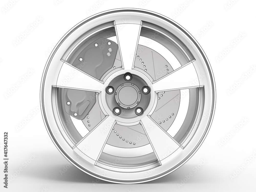 Obraz premium 3D render of an aluminum car disc complete with a brake system (sketch)