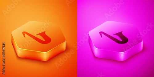 Isometric Musical instrument saxophone icon isolated on orange and pink background. Hexagon button. Vector.