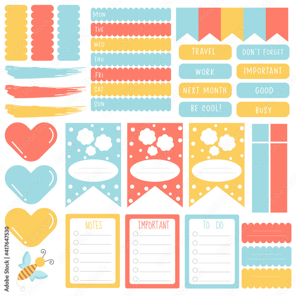 Cute paper notes in sweet color set. Printable planner stickers. Template for your message. Decorative planning element. Vector illustration. Cute paper notes in sweet color set. Printable planner stickers. Template for your message. Decorative planning element. Vector illustration.
