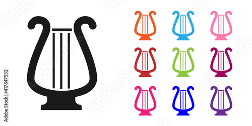 Black Ancient Greek lyre icon isolated on white background. Classical music instrument, orhestra string acoustic element. Set icons colorful. Vector.