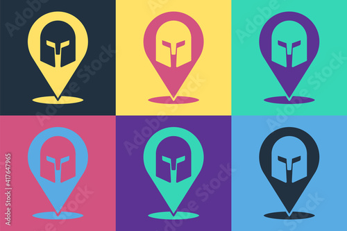 Pop art Greek helmet icon isolated on color background. Antiques helmet for head protection soldiers with a crest of feathers or horsehair. Vector.