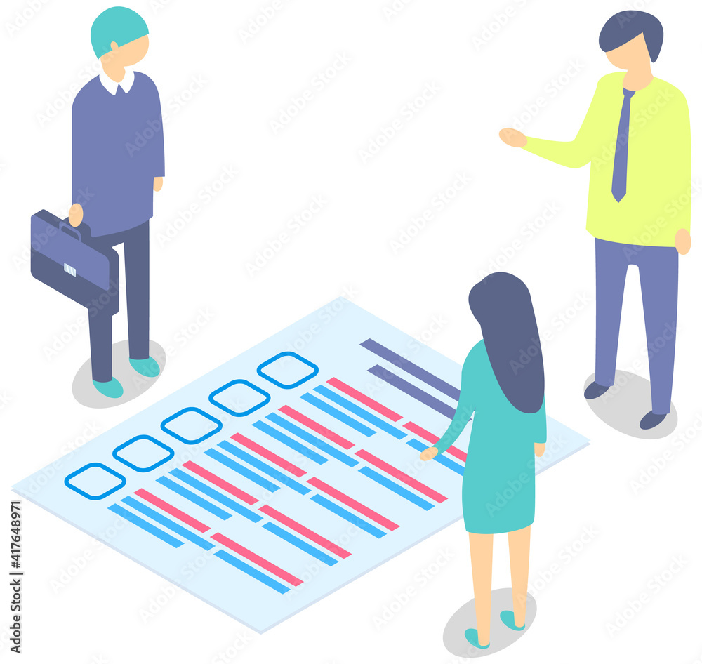 Vecteur Stock People discuss questionnaire. Colleagues in business suit